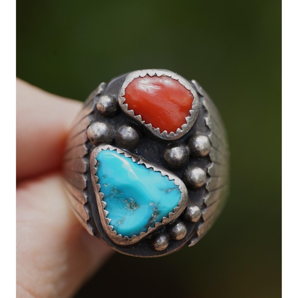 Old Pawn Navajo Native American Indian Sterling Silver Turqiouse Coral Ring‎
